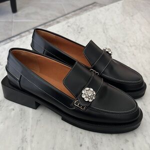 Ganni Size 38 Black Leather Loafers with Crystal Floral Buckle